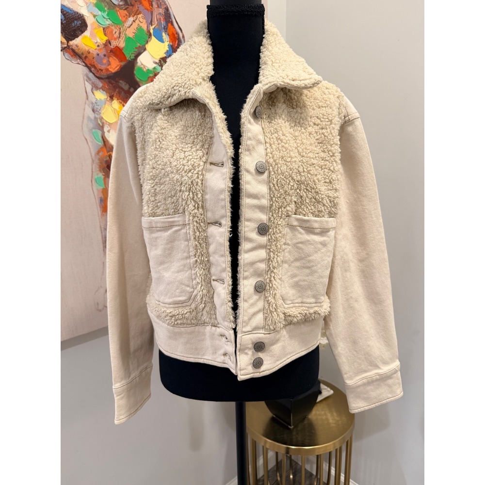 Celebrity Pink Patched Jacket Cream Faux Shearling Twill Trucker, Small NWT